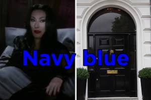 Morticia Addams from "The Addams Family" and a black door with "Navy blue" written over it