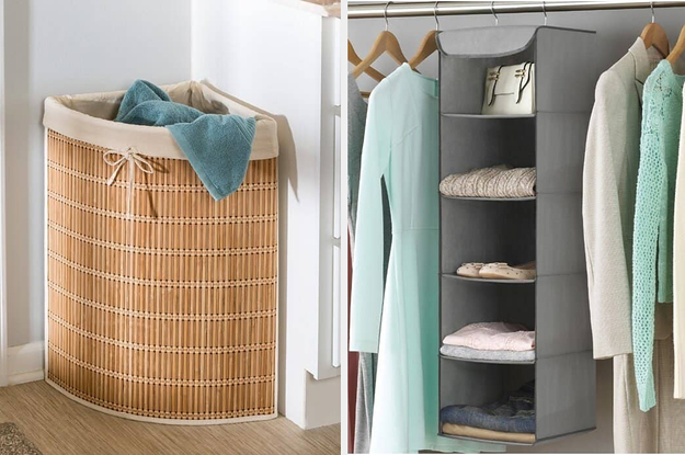 On the left, a wicker hamper, and on the right, a five-tier closet organizer