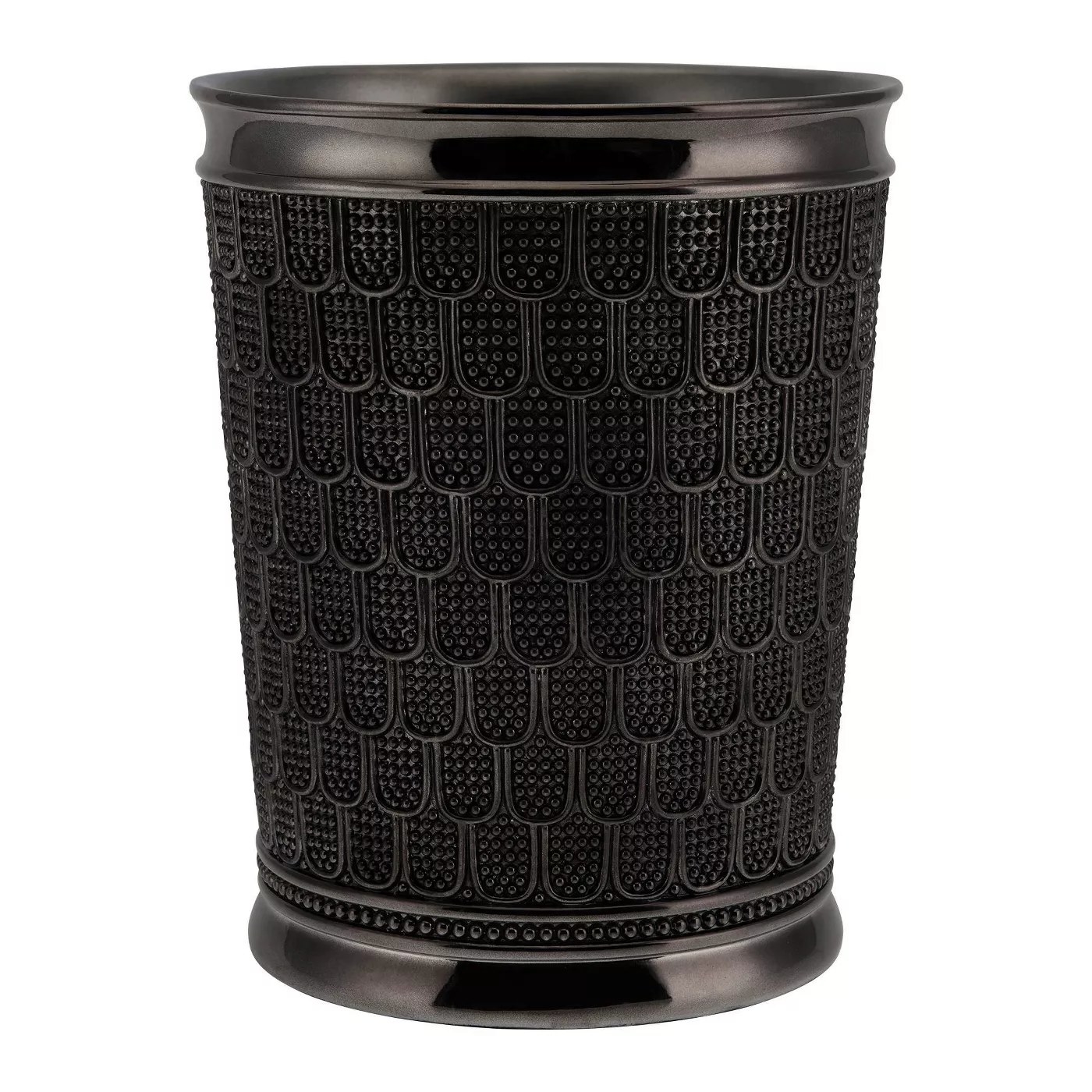 A black wastebasket with an embossed, beaded design