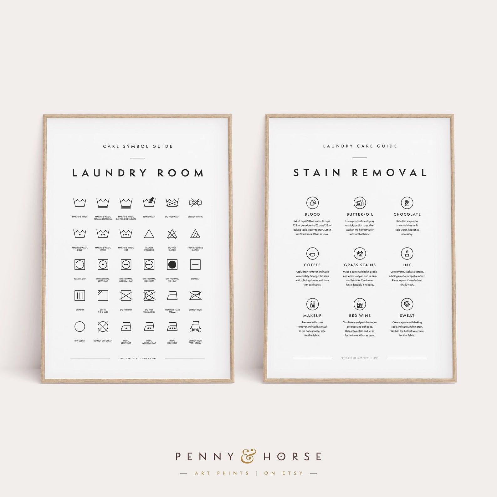 Two printables, one explaining laundry symbols, another explaining how to fix types of stains