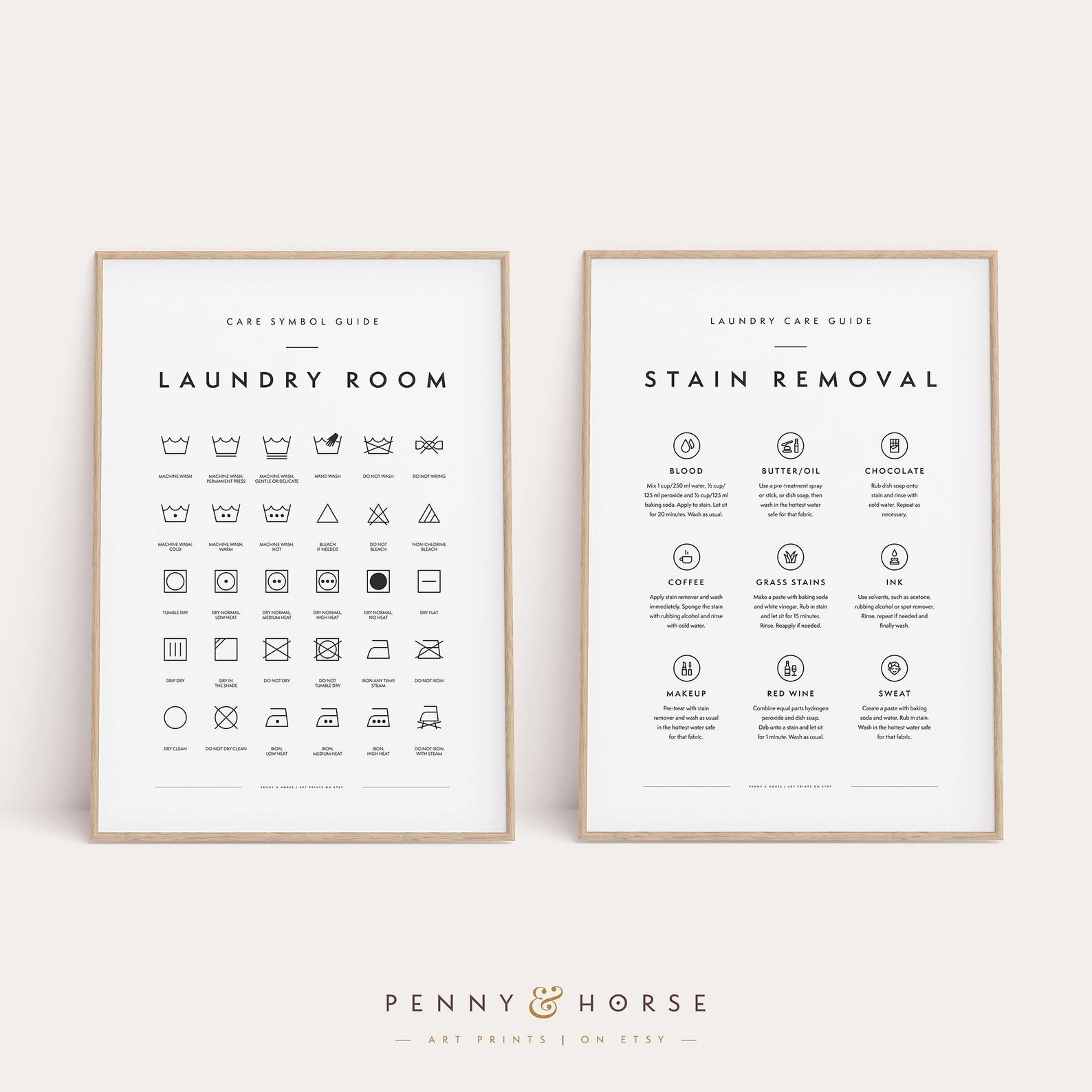 Two printables, one explaining laundry symbols, another explaining how to fix types of stains 