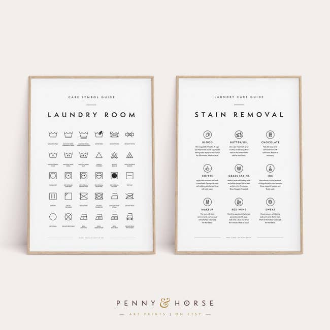 Two printables, one explaining laundry symbols, another explaining how to fix types of stains 