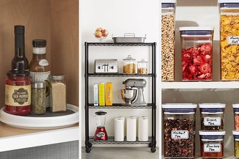 A few spices jars a spinning tray in a cupboard, A metal rack with kitchen supplies stacked on top, A shelf filled with labelled food containers