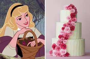 An image of Princess Aurora from Sleeping Beauty next to an image of three tiered vanilla cake with roses up and down it