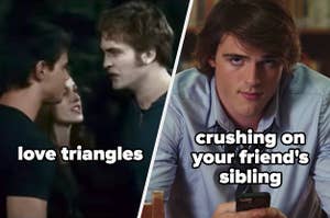 Bella, Edward, and Jacob in "Twilight" labeled "love triangles" and Noah from "Kissing Booth" labeled "crushing on your friend's sibling