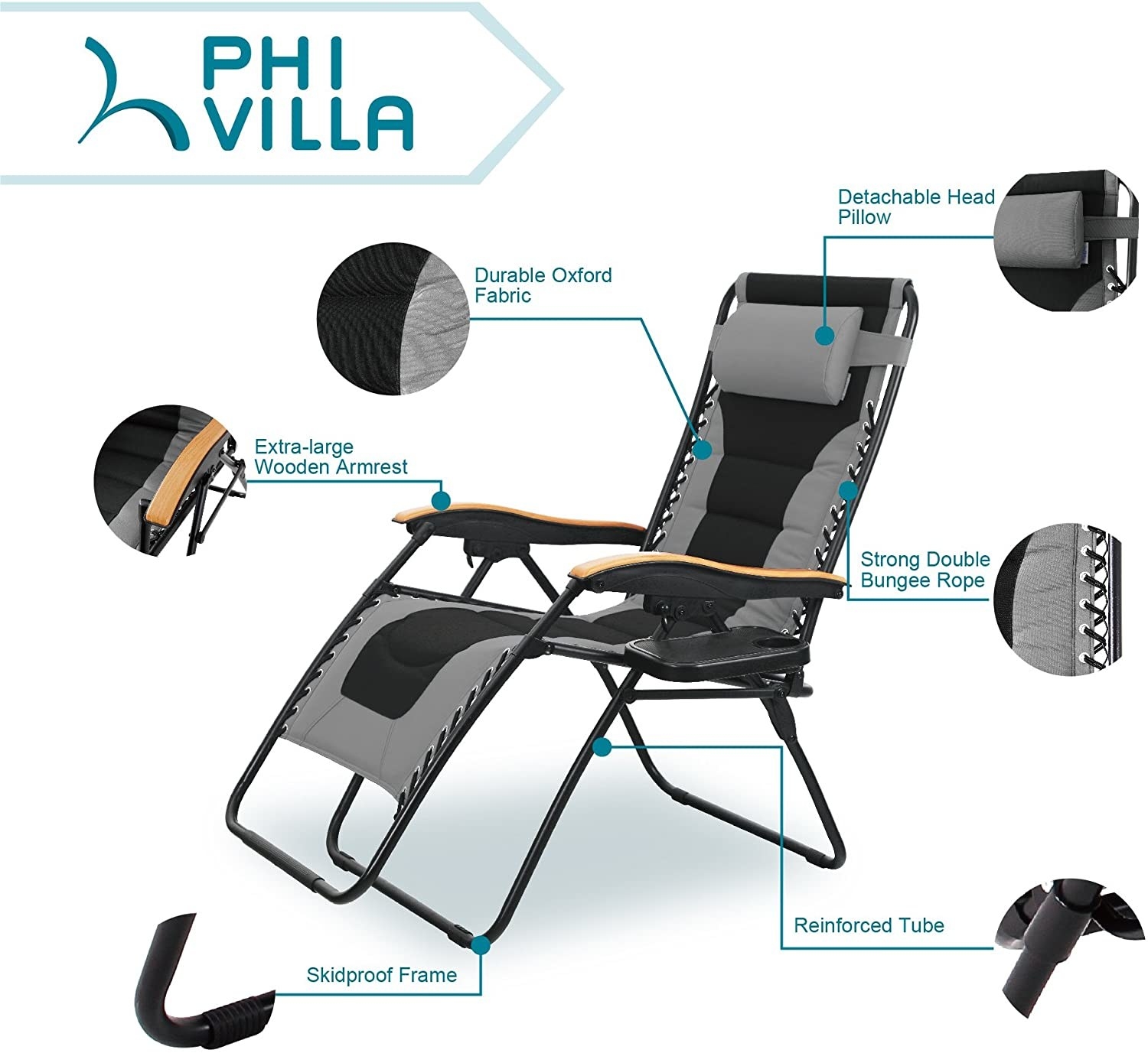 Diagram showing the chair and all its features, like the extra large wooden armrests, skidproof frame, detachable head pillow, and reinforced tubing