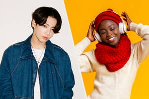 An image of Jungkook next to an image of a girl smiling and listening to music