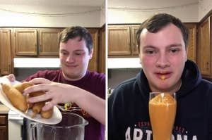 Brian pouring corn dogs in a blender on the left and looking grossed out while drinking a slushy on the right