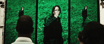 Katniss putting two fingers up in the air while in the Hunger Games arena