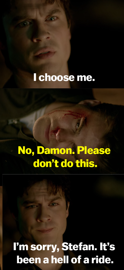 Damon says he chooses himself as Stefan begs him not to. Damon apologizes and says it&#x27;s been a hell of a ride