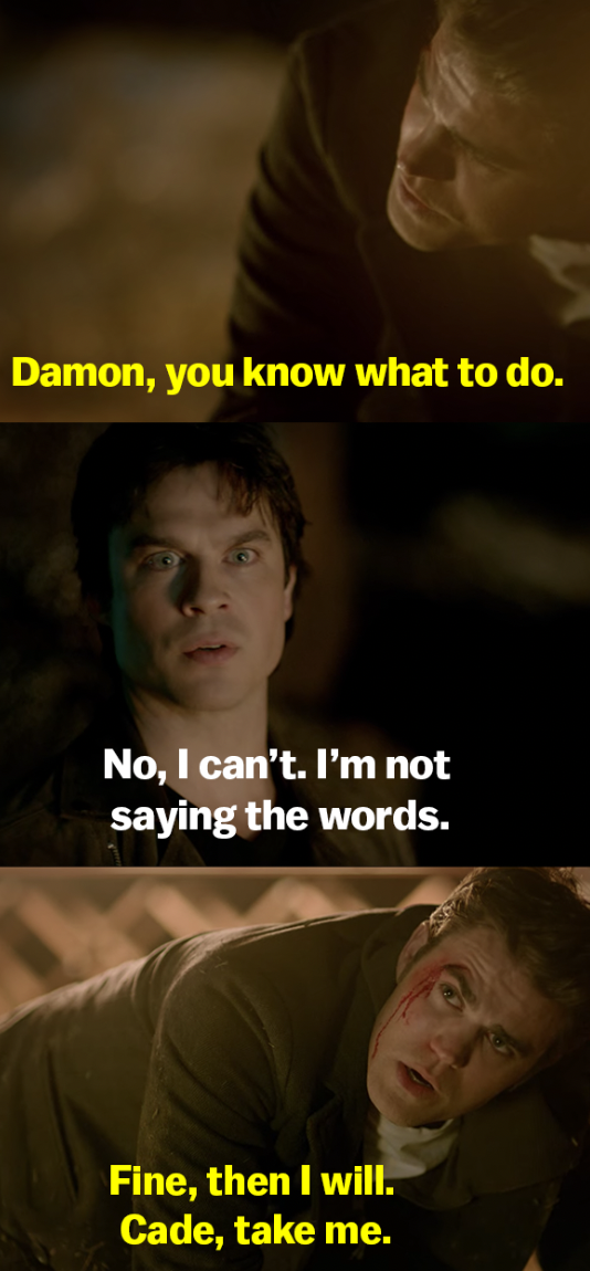 Stefan tells Damon he knows what to choose, but Damon refuses. Stefan tells Cade to take him