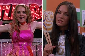 On the left, Lindsay Lohan as Lola from "Confessions of a Teenage Drama Queen," and on the right, Megan Fox as Carla in "Confessions of a Teenage Drama Queen"