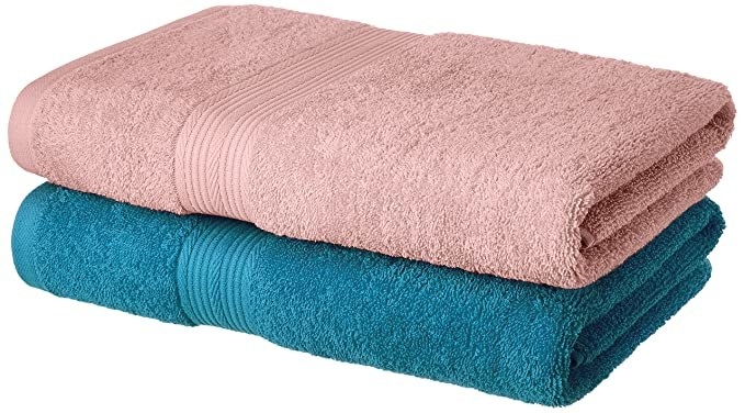 Two towels - one in pink, the other in dark blue.
