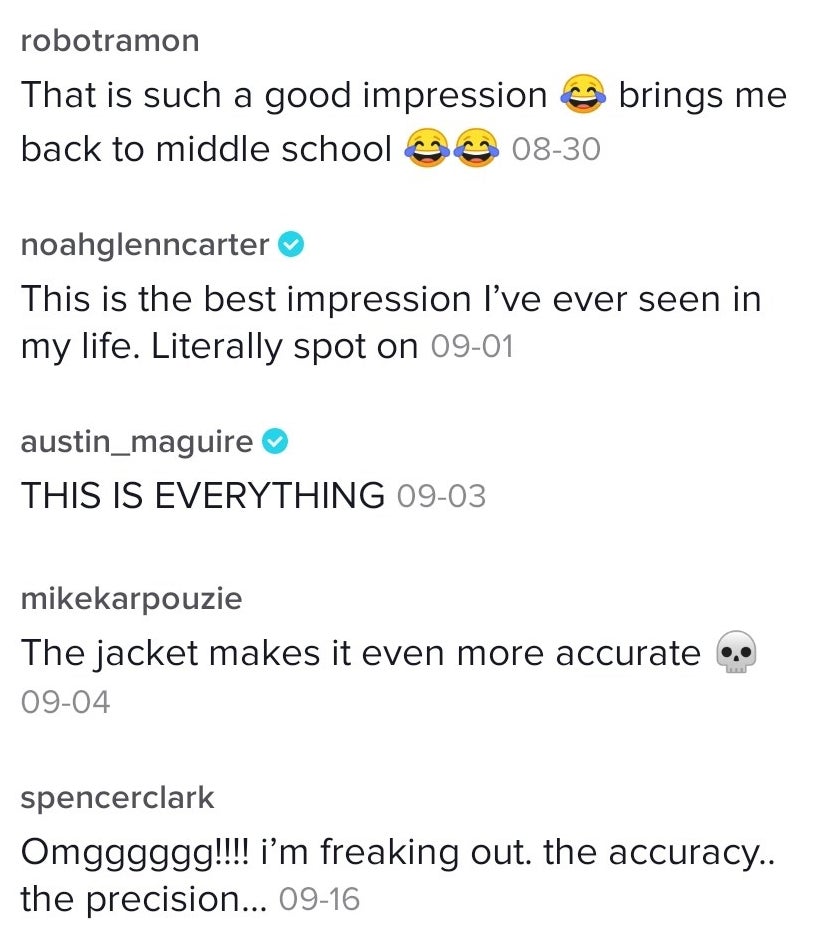Commenters praise Jaylin's "spot on" impression on one of her videos
