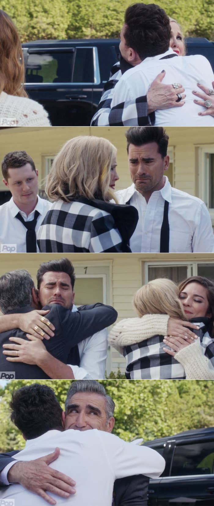 Johnny hugging David and Moira hugging Alexis before they leave Schitt&#x27;s Creek