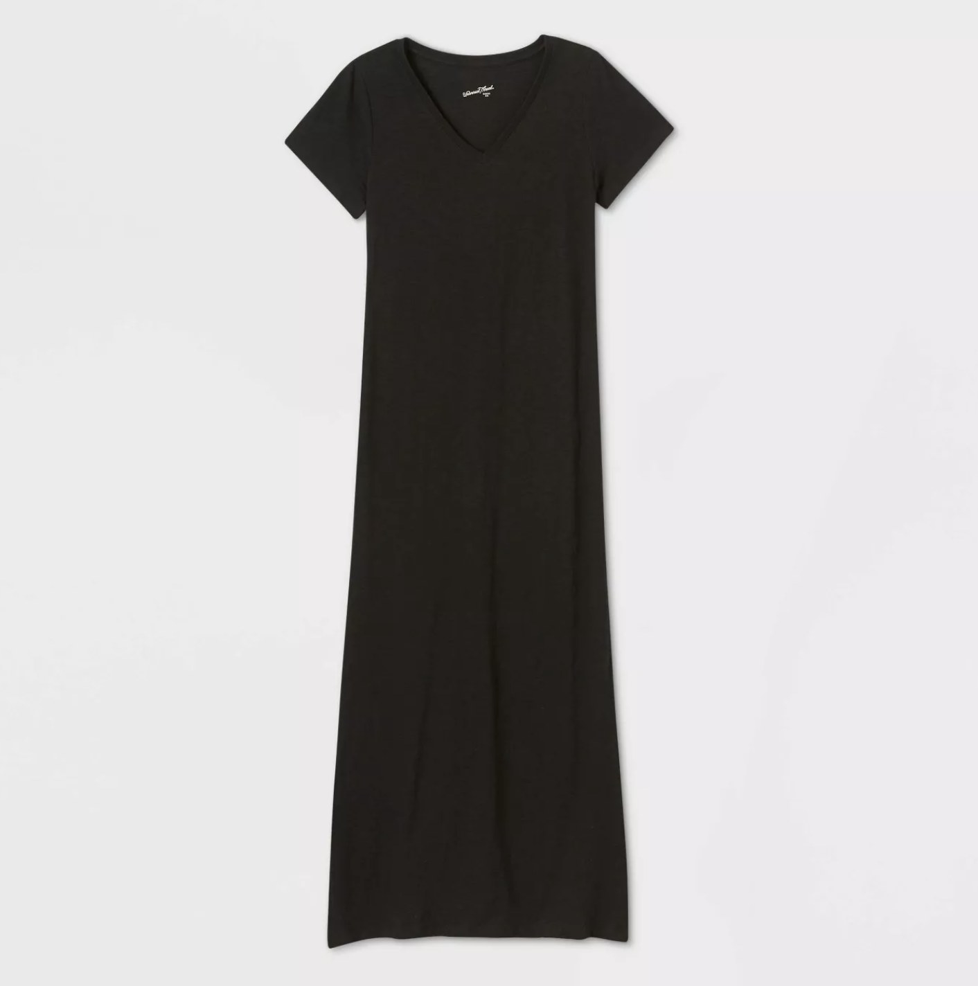 A black short sleeve t-shirt dress with a v-neckline
