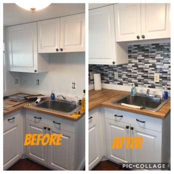 A reviewer showing their plain white wall transformed to the white and gray tiled backsplash