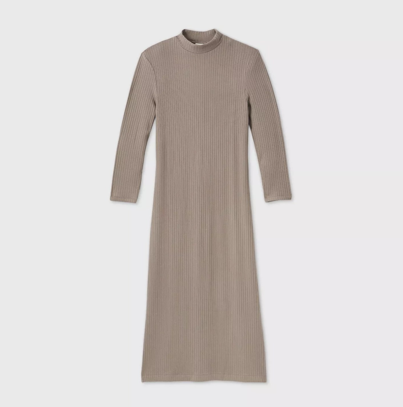 A muted grey long sleeve ribbed midi dress with a mockneck