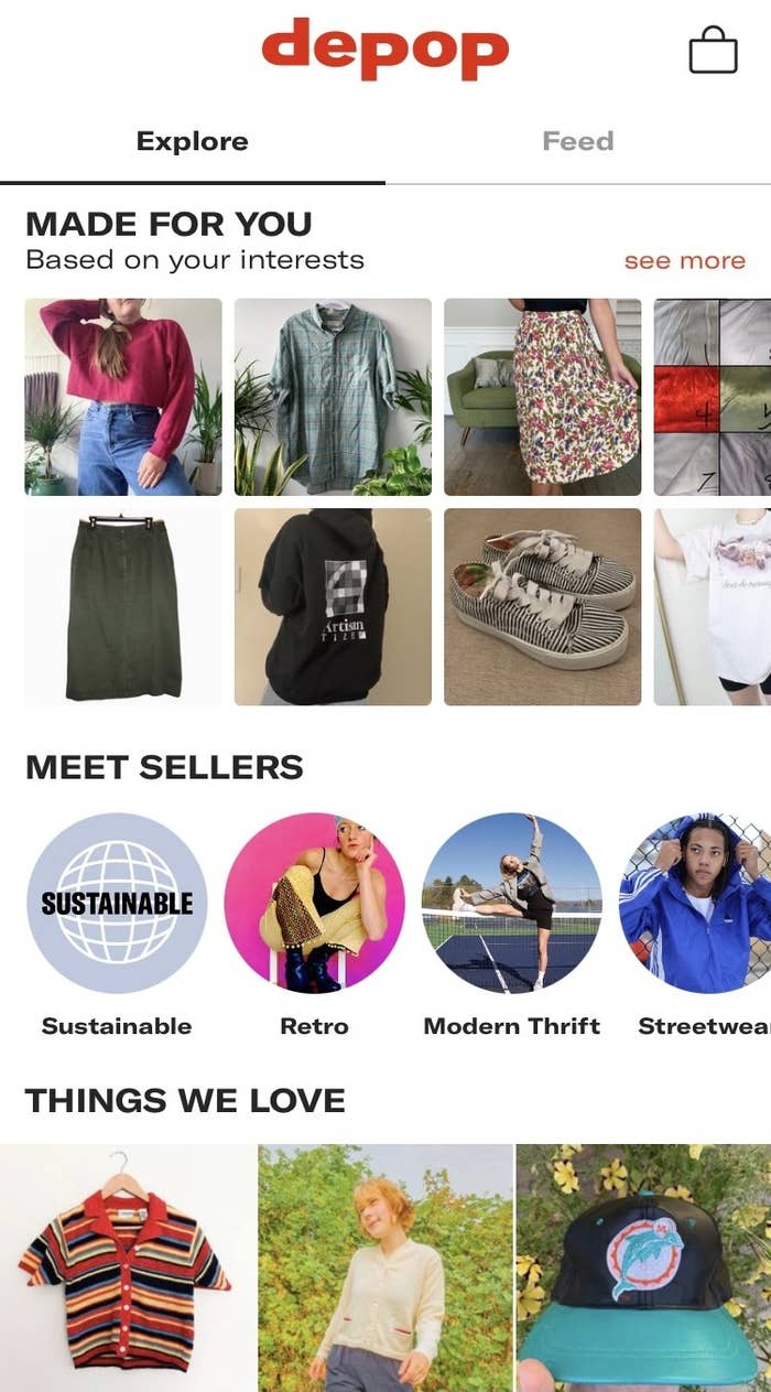 The Depop explore feed offers recommendations based on the user&#x27;s interests, as well as the things the editorial team loves.