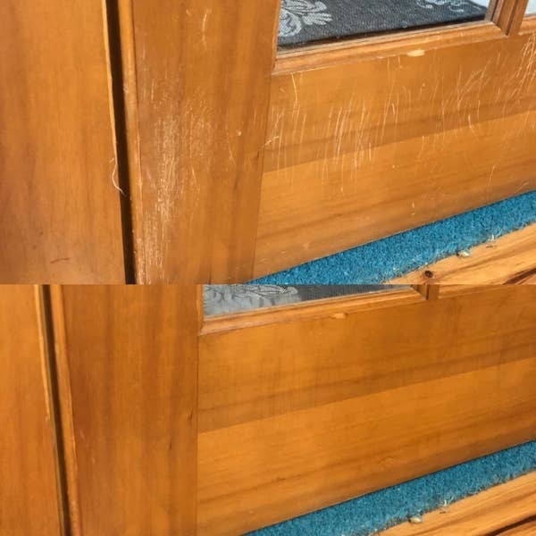 On the top, a reviewer's wooden furniture with scratch marks, and on the bottom, the same wooden furniture now completely free of the scratch marks