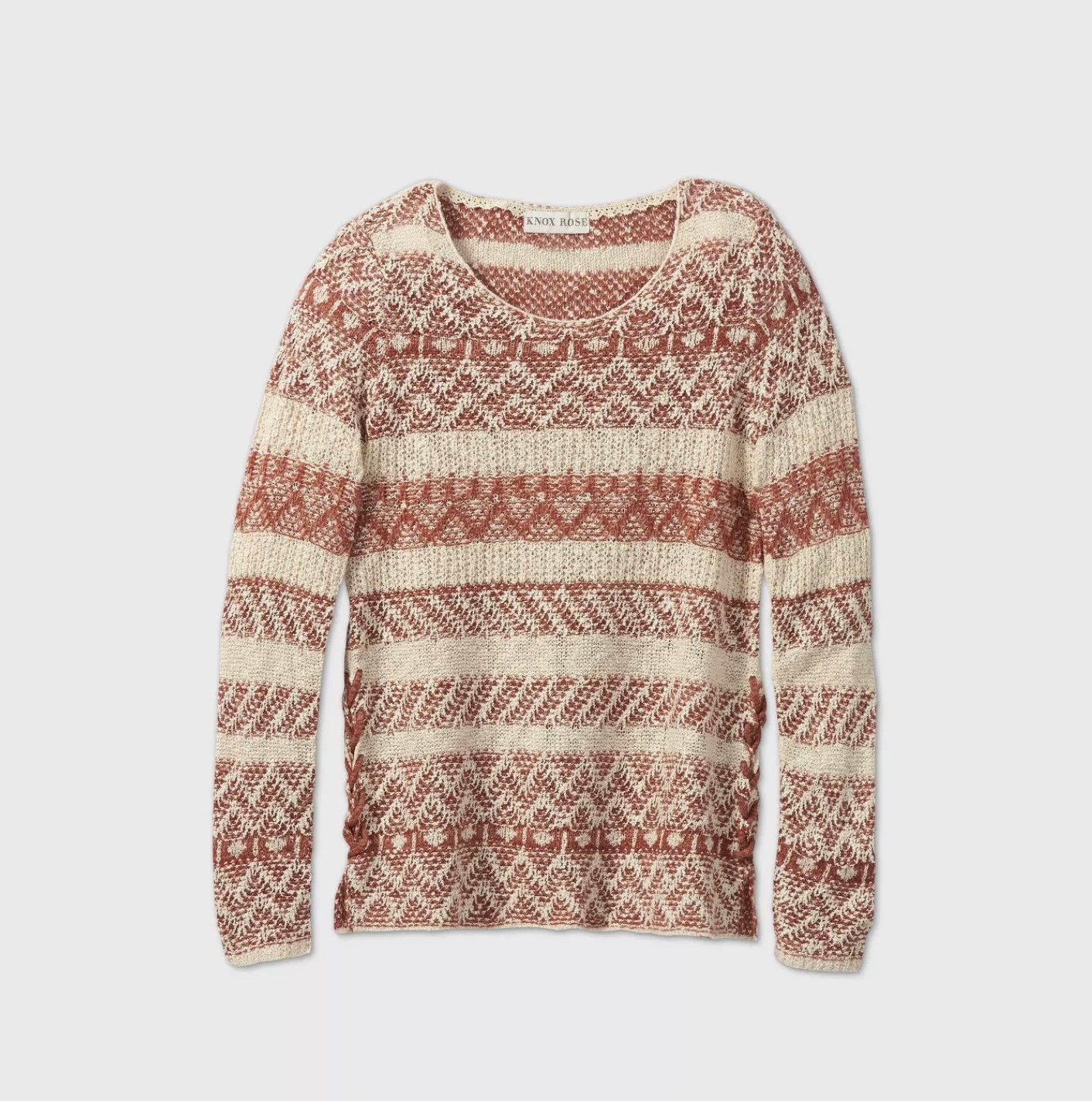 A red and cream striped  pullover crewneck sweater