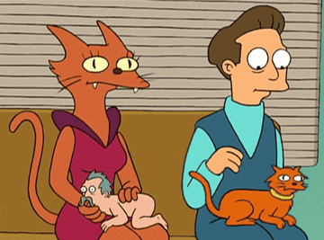A GIF from &quot;Futurama&quot; of a person petting a cat and an anthropomorphized cat petting a small person