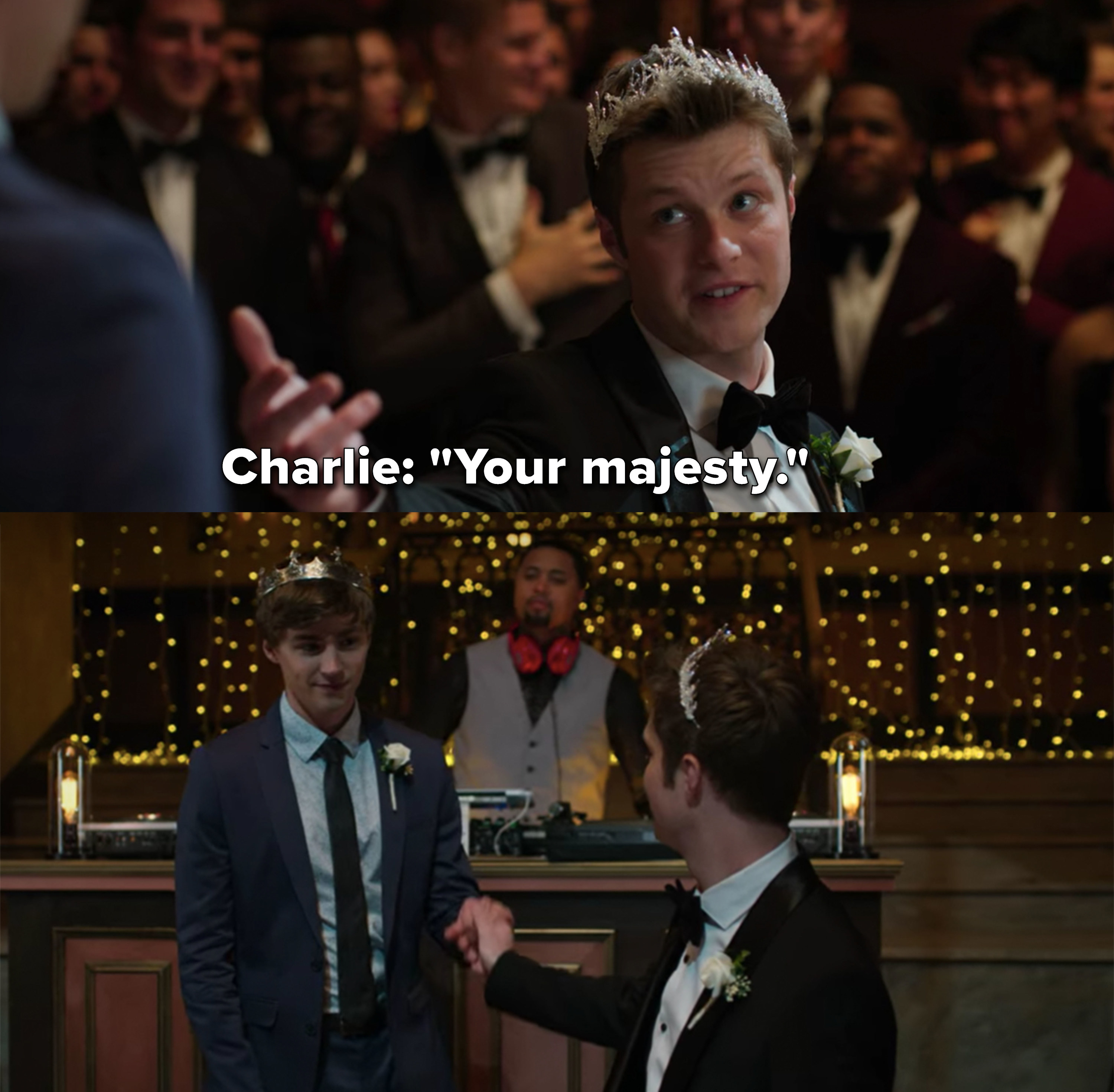 Charlie holds his hand out for Alex to dance, &quot;Your majesty&quot;