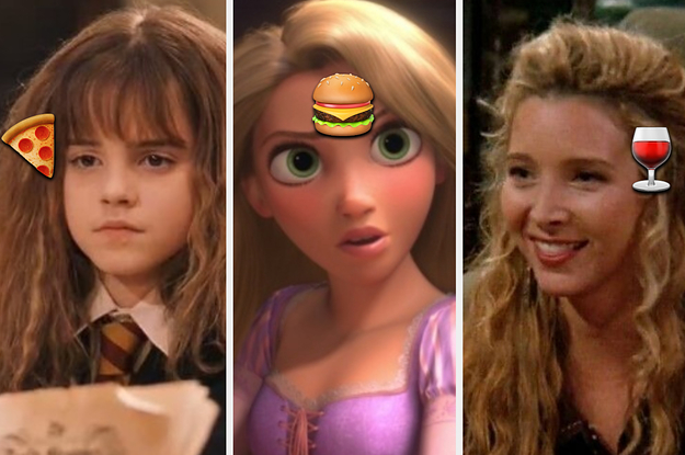 Hermione is on the left with a pizza emoji, Rapunzel is in the center with a burger emoji, and Phoebe is on the right with a wine emoji