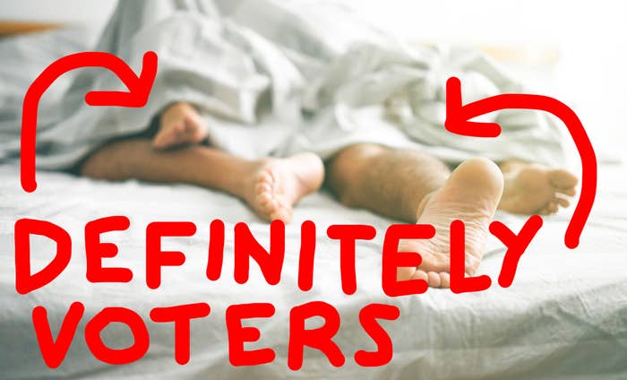 Two people in bed together, with arrows pointing to them saying &quot;definitely voters&quot;