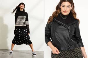 on left model wearing black and white striped sweater and on right model wearing black moto jacket 
