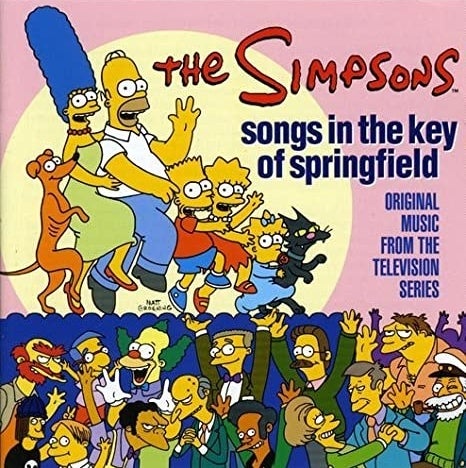 album cover of Songs in the Key of Springfield showing the Simpsons family and other characters