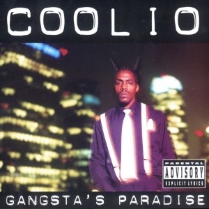 album cover of Gangsta&#x27;s Paradise showing Coolio with skyscrapers lit in the background