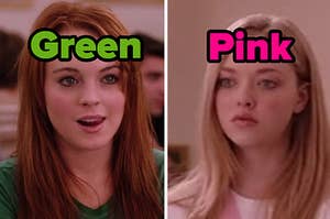 Cady Heron is on the left labeled, "Green" with Karen on the right labeled, "Pink"