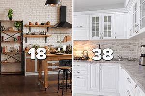 rustic kitchen with the number "18" and white marble kitchen with the number "38"