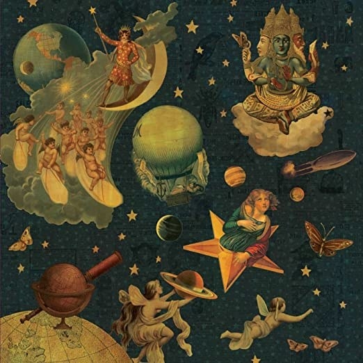 album cover of Mellon Collie and the Infinite Sadness showing different people on stars or clouds in space