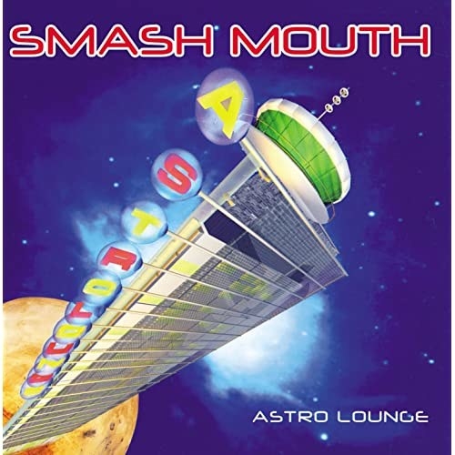 album cover of Astro Lounge with a building sticking out of a planet in space