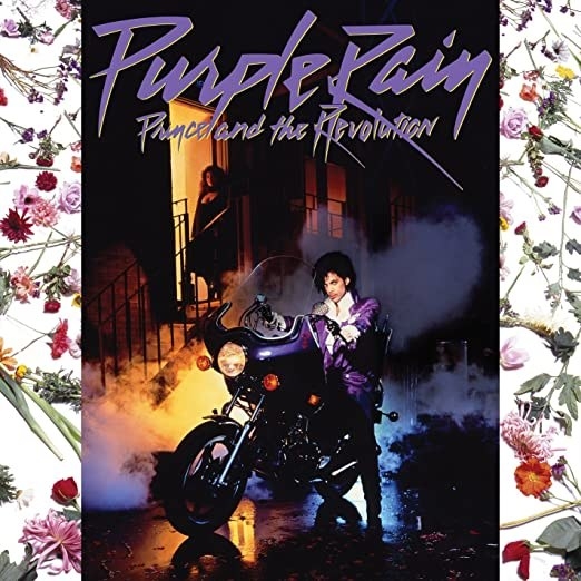 album cover of Purple Rain showing Prince standing with his motorcycle as Apollonia watches from an open door in the background