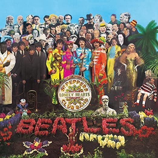 album cover of Sgt. Pepper&#x27;s Lonely Hearts Club with the Beatles and other famous figures painted together