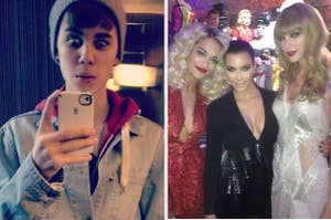 Justin Bieber taking a mirror selfie in a beanie and Kim Kardashian with Rita Ora and Taylor Swift