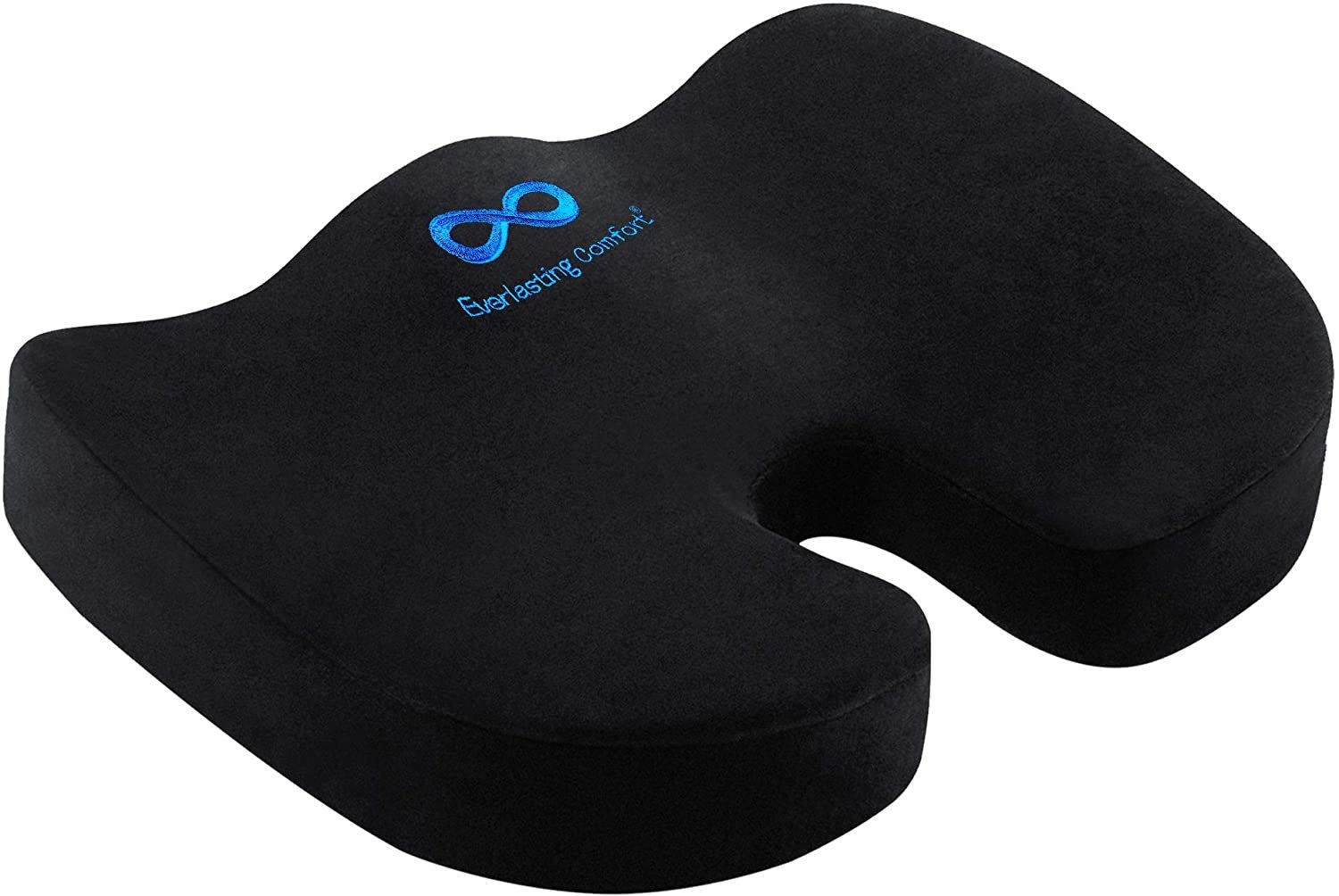 A thick seat cushion on a plain background