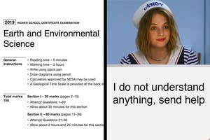 Side by side of an exam page and a character from