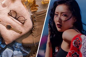 An image of a flat lay of clothing including boots and a sweater and glasses next to an image of Hwasa from Mamamoo
