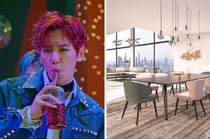 Baekhyun drinks a soda in an image from EXO CBX's Hey Mama music video next to an image of a living room in a luxury apartment in the city