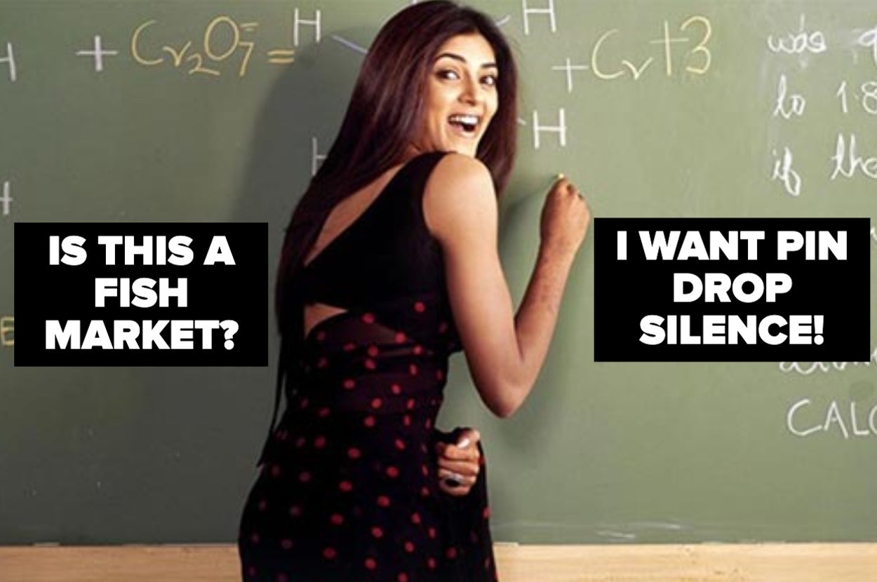 in a still from main hoon na, sushmita sen writes on the chalkboard while the overlaid text reads is this a fish market and i want pin drop silence
