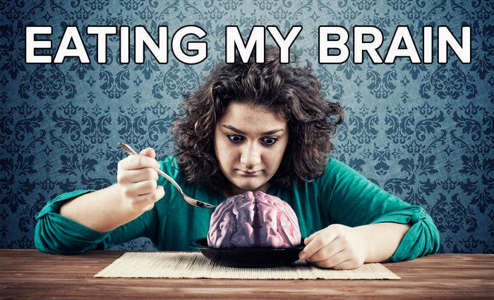 An exasperated woman eats a bowl of what is supposed to be human brain