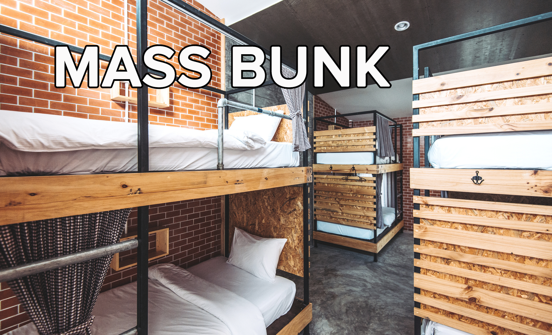Several wooden bunk beds in a hostel