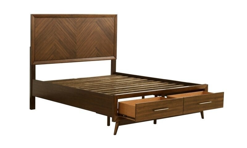 A dark brown wooden platform bed frame with a headboard sans mattress 
