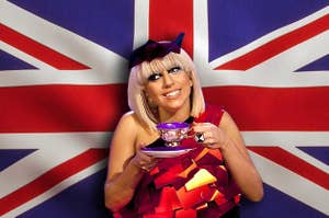 Lady Gaga sipping on some tea in front of the British flag