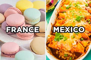 On the left, a bunch of macarons on a table labeled "France," and on the right, a platter of enchiladas labeled "Mexico"