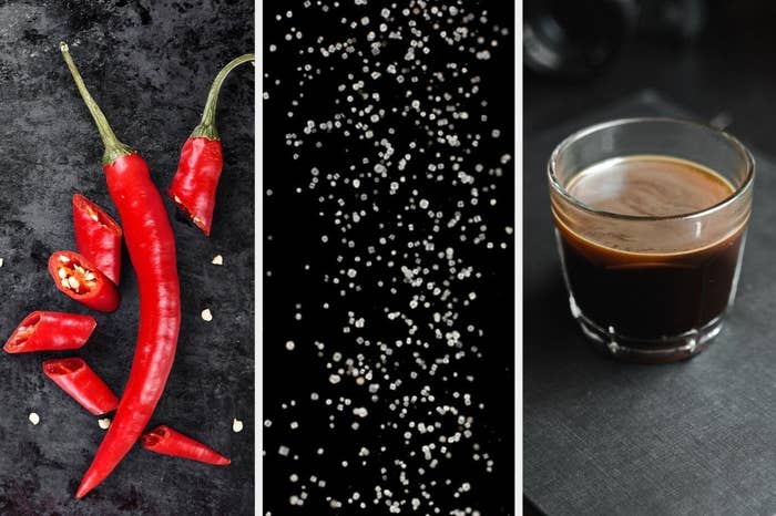 Chili pepper, salt, and coffee.
